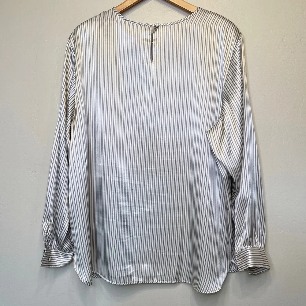 Notations | VTG Striped Shiny Silky Long Sleeve Round Neckline Charmeuse Blouse - Picture 4 of 13